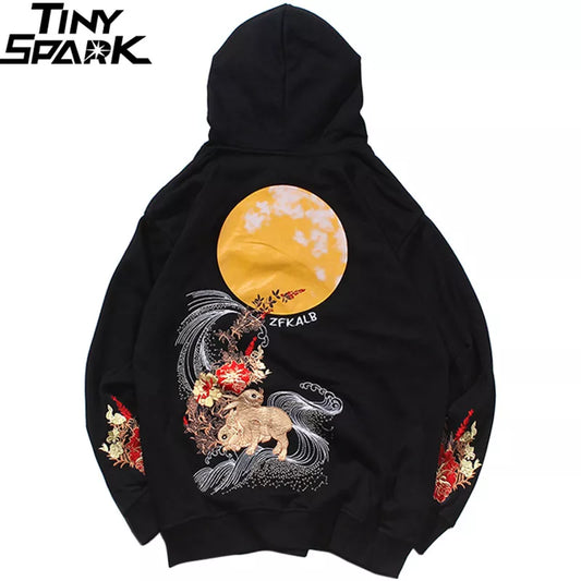 2023 Men Hip Hop Hoodie Sweatshirt Embroidered Floral Full Moon Rabbit Harajuku Streetwear Hoodie Pullover Cotton Autumn Hipster